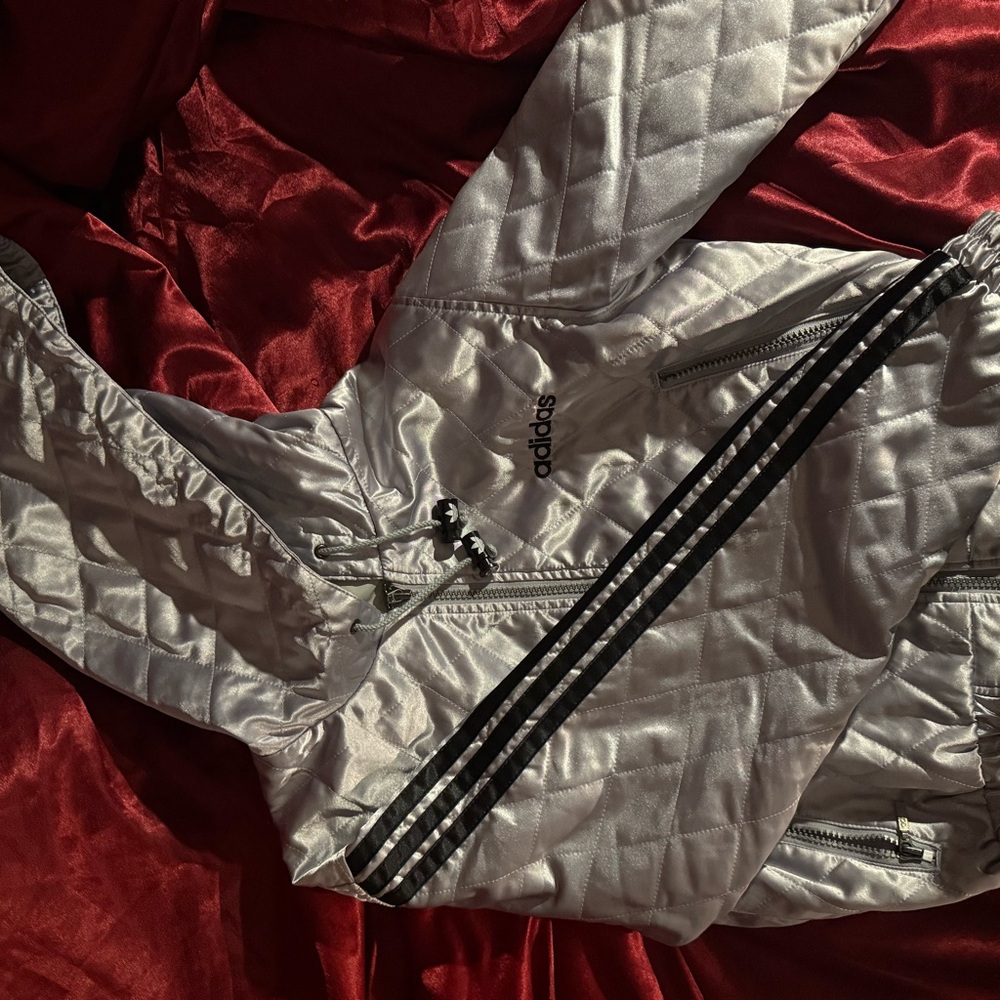 Adidas Metallic Puffer Coat with Black Stripe Detail